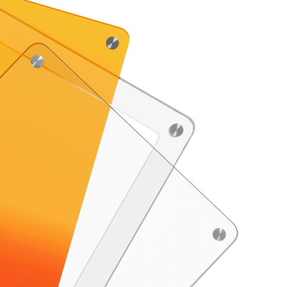 Close-up corner view of the Dragonscale Wyrmslate Blaze PSA acrylic display frame, highlighting the screw fasteners and layered panels.