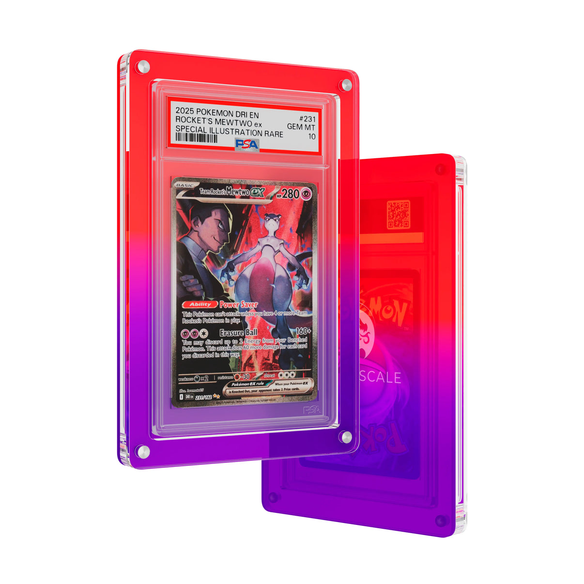 Front and back view of the Dragonscale Wyrmslate Chaos PSA acrylic display frame, featuring a Team Rocket's Mewtwo ex PSA 10 Pokemon card slab.
