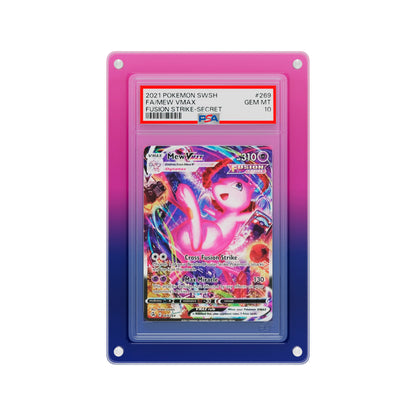 Front-facing view of the Dragonscale Wyrmslate Cosmic PSA acrylic display frame, featuring a Mew VMAX Fusion Strike PSA 10 Pokemon card slab.