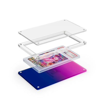 Expanded layered view of the Dragonscale Wyrmslate Cosmic PSA acrylic display frame with a Mew VMAX Fusion Strike PSA 10 Pokemon card slab between transparent panels.