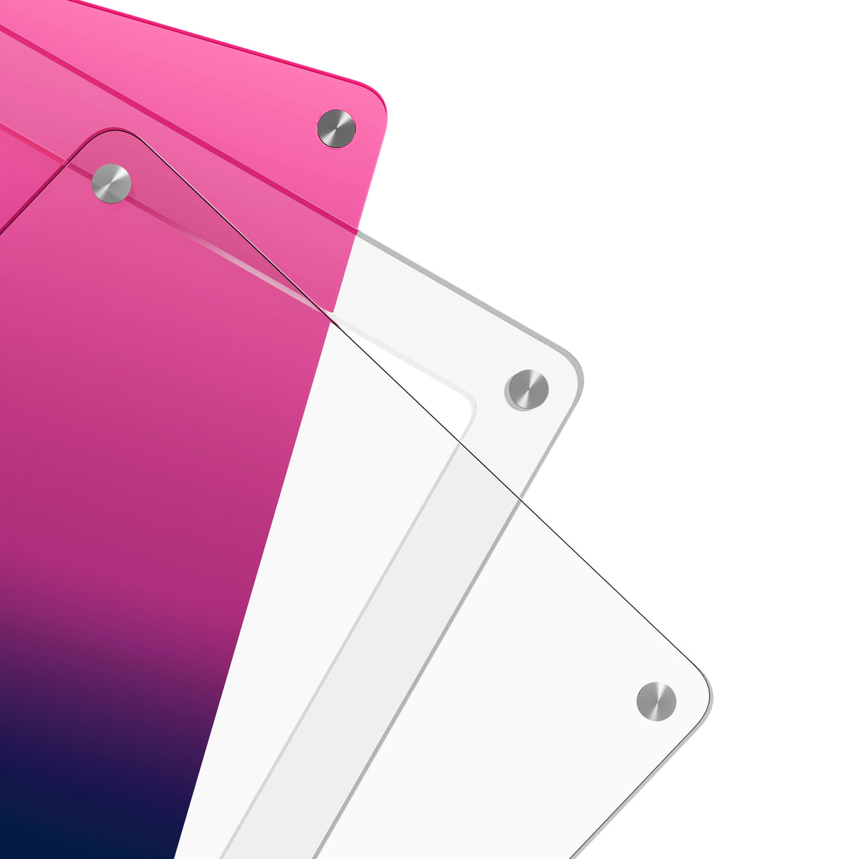 Close-up corner view of the Dragonscale Wyrmslate Cosmic PSA acrylic display frame, highlighting the screw fasteners and layered panels.