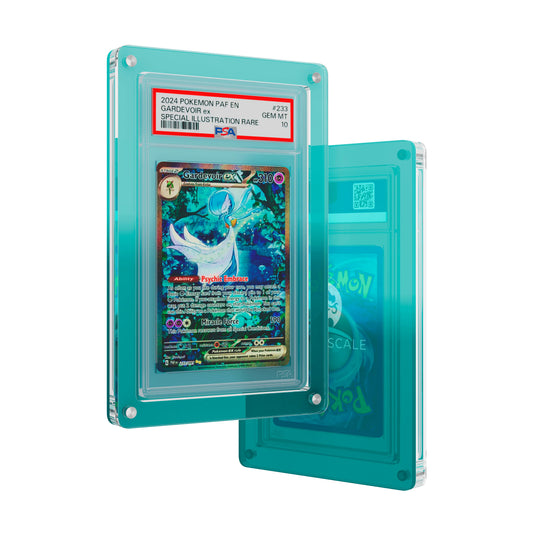 Front and back view of the Dragonscale Wyrmslate Ethereal PSA acrylic display frame, featuring a Gardevoir EX Paldean Fates PSA 10 Pokemon card slab.
