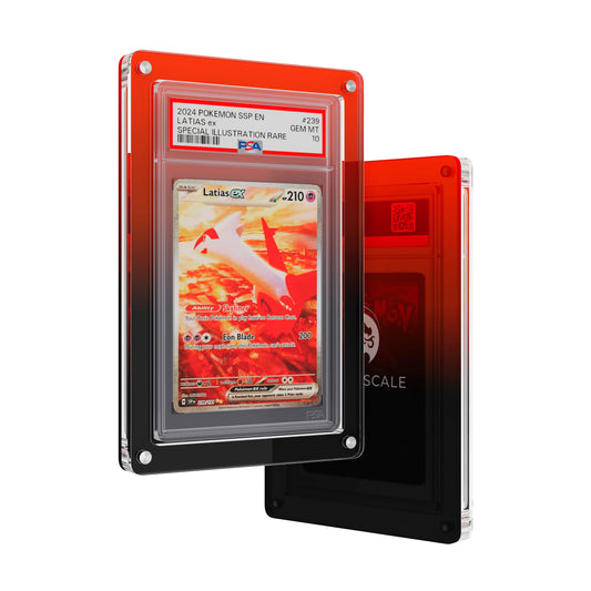 Front and back view of the Dragonscale Wyrmslate Infernal PSA acrylic display frame, featuring a Latias EX Surging Sparks Together PSA 10 Pokemon card slab.

