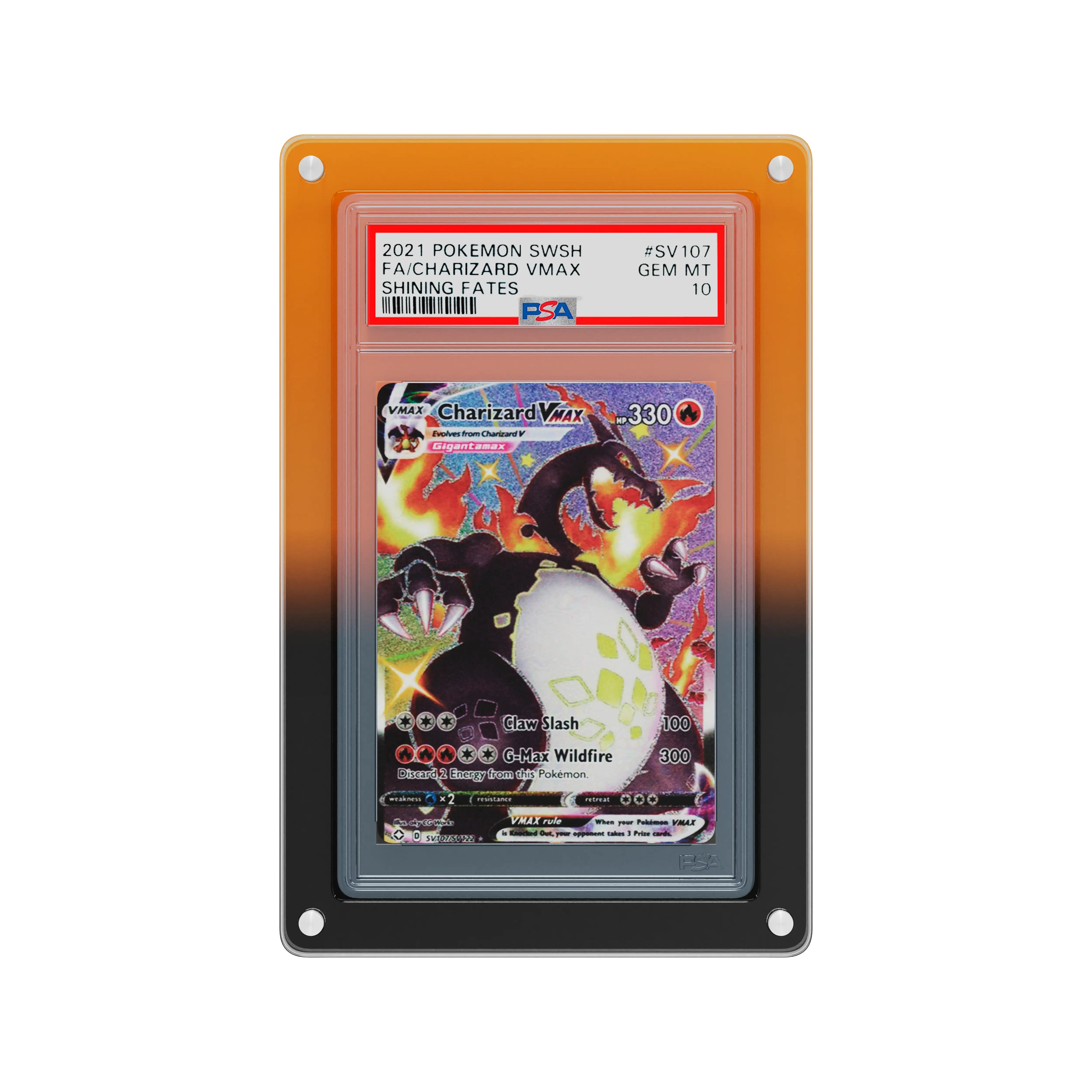Front-facing view of the Dragonscale Wyrmslate Magma PSA acrylic display frame, featuring a Charizard VMAX Shining Fates PSA 10 Pokemon card slab.