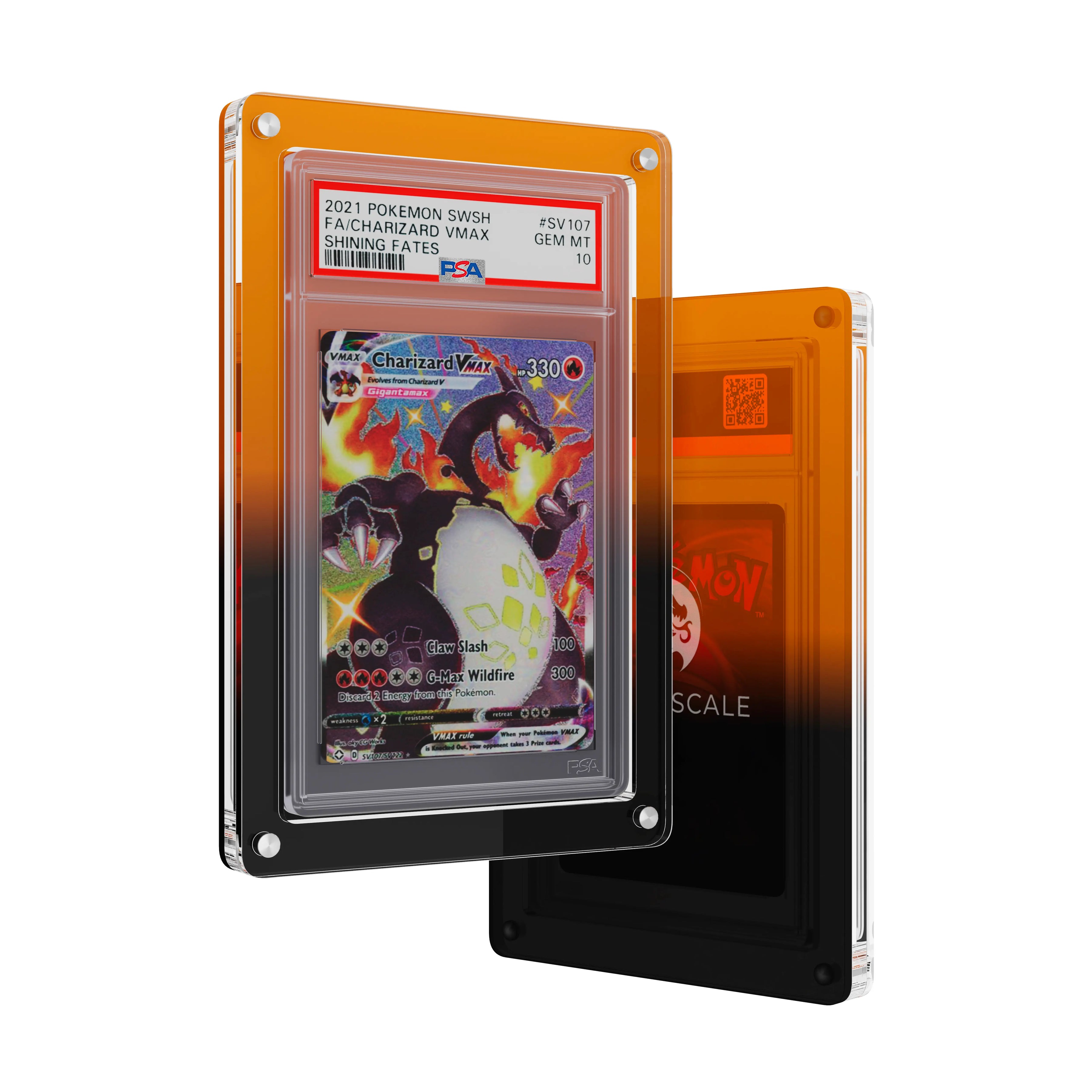 Front and back view of the Dragonscale Wyrmslate Magma PSA acrylic display frame, featuring a Charizard VMAX Shining Fates PSA 10 Pokemon card slab.