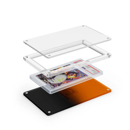 Expanded layered view of the Dragonscale Wyrmslate Magma PSA acrylic display frame with a Charizard VMAX Shining Fates PSA 10 Pokemon card slab between transparent panels.