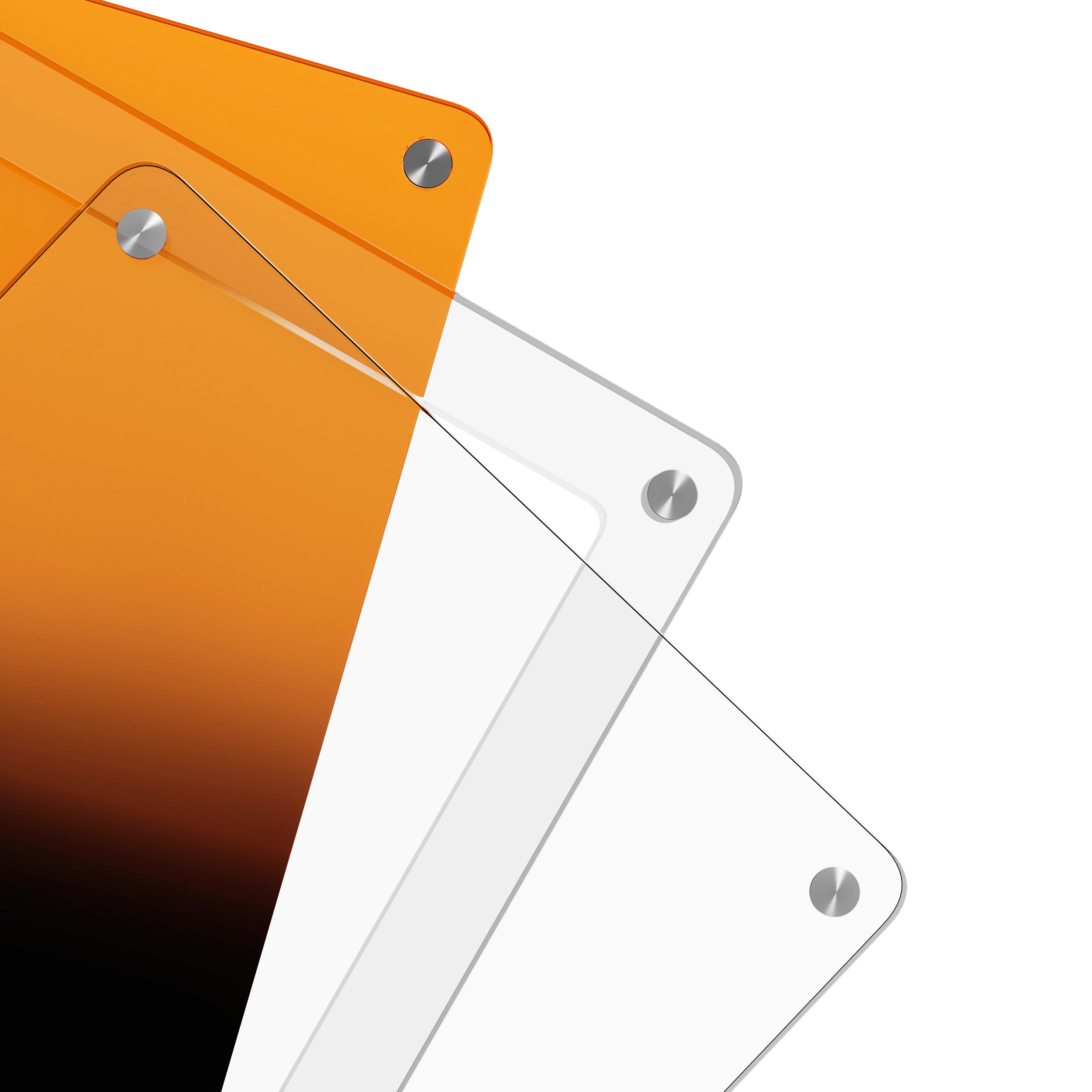 Close-up corner view of the Dragonscale Wyrmslate Magma PSA acrylic display frame, highlighting the screw fasteners and layered panels.