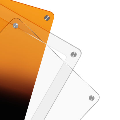 Close-up corner view of the Dragonscale Wyrmslate Magma PSA acrylic display frame, highlighting the screw fasteners and layered panels.