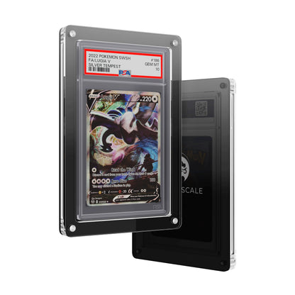 Front and back view of the Dragonscale Wyrmslate Midnight PSA acrylic display frame, featuring a Lugia V Silver Tempest PSA 10 Pokemon card slab.