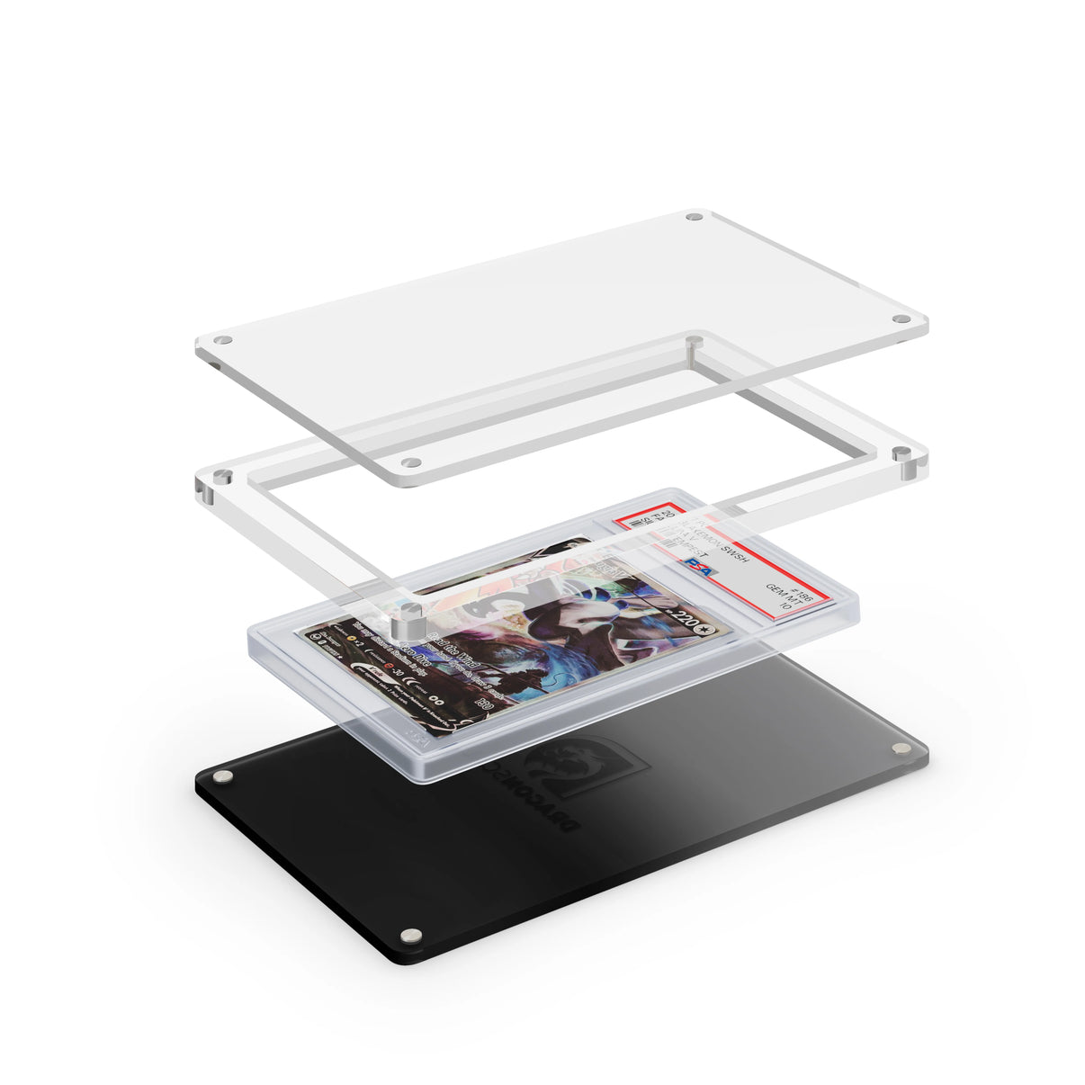 Expanded layered view of the Dragonscale Wyrmslate Midnight PSA acrylic display frame with a Lugia V Silver Tempest PSA 10 Pokemon card slab between transparent panels.