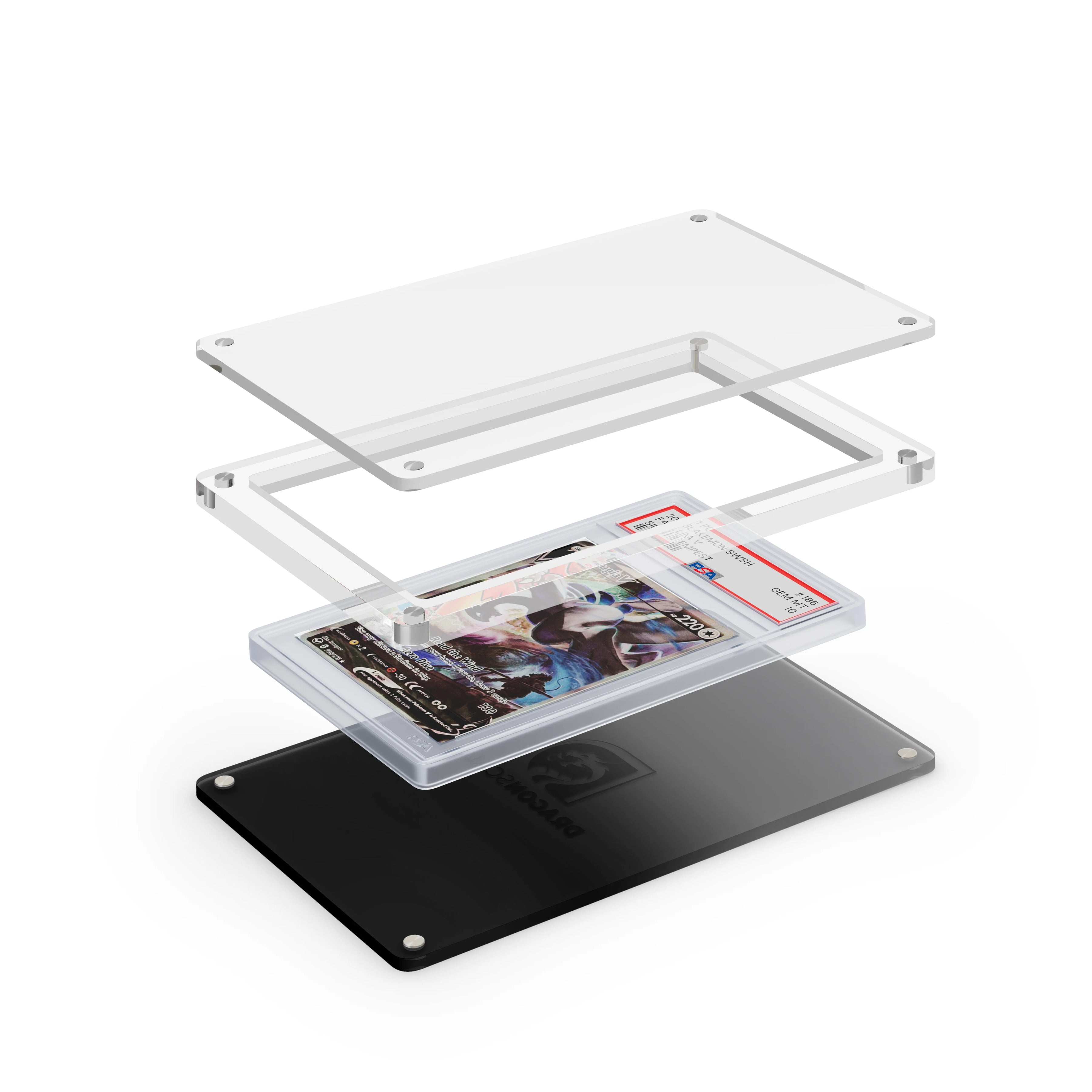 Expanded layered view of the Dragonscale Wyrmslate Midnight PSA acrylic display frame with a Lugia V Silver Tempest PSA 10 Pokemon card slab between transparent panels.