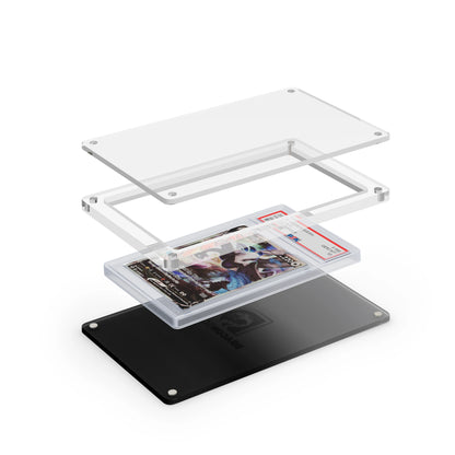 Expanded layered view of the Dragonscale Wyrmslate Midnight PSA acrylic display frame with a Lugia V Silver Tempest PSA 10 Pokemon card slab between transparent panels.