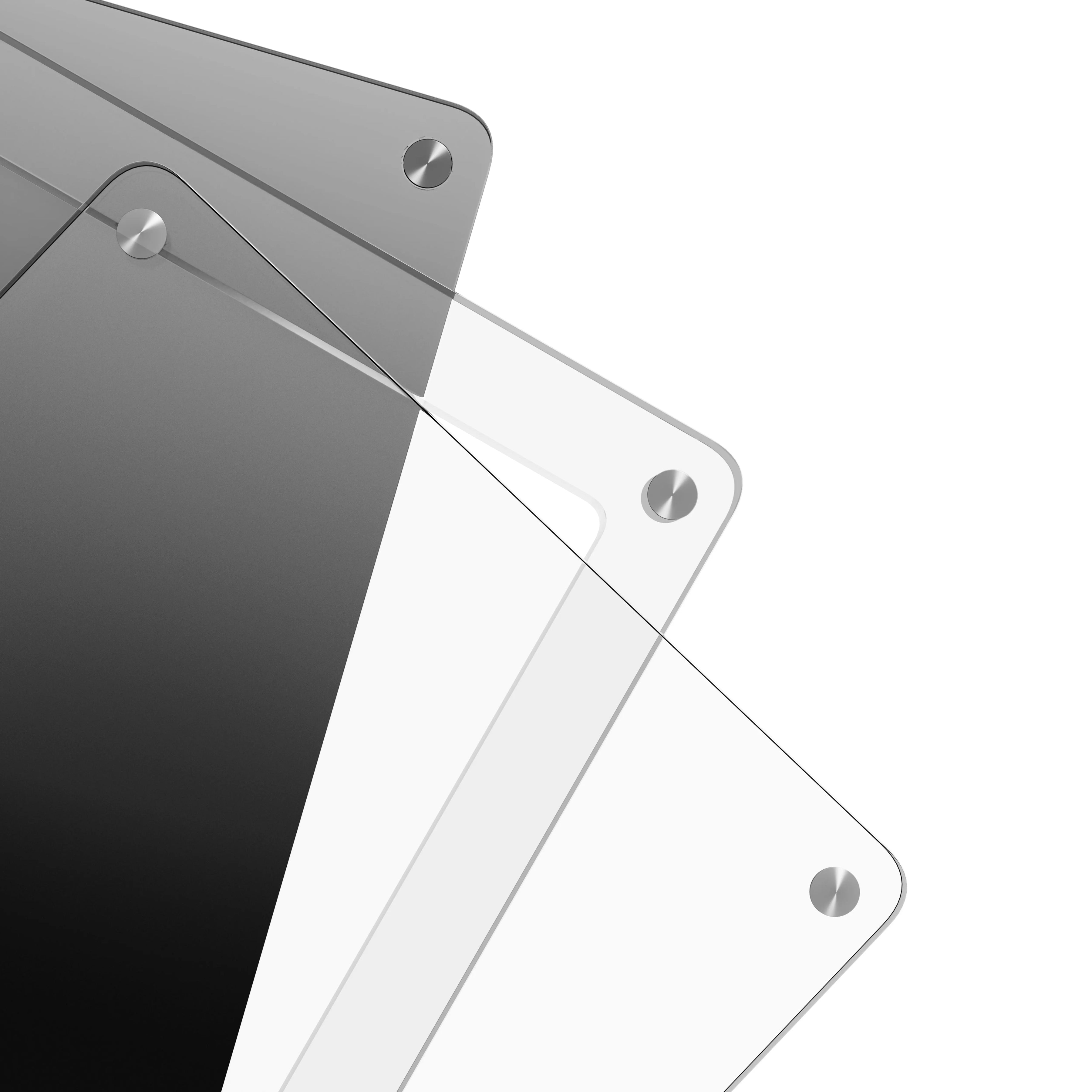 Close-up corner view of the Dragonscale Wyrmslate Midnight PSA acrylic display frame, highlighting the screw fasteners and layered panels.