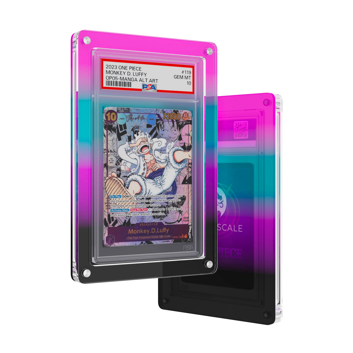 Front and back view of the Dragonscale Wyrmslate Neotokyo PSA acrylic display frame, featuring a Monkey D. Luffy Manga Alternate Art OP05-119 PSA 10 Pokemon card slab.
