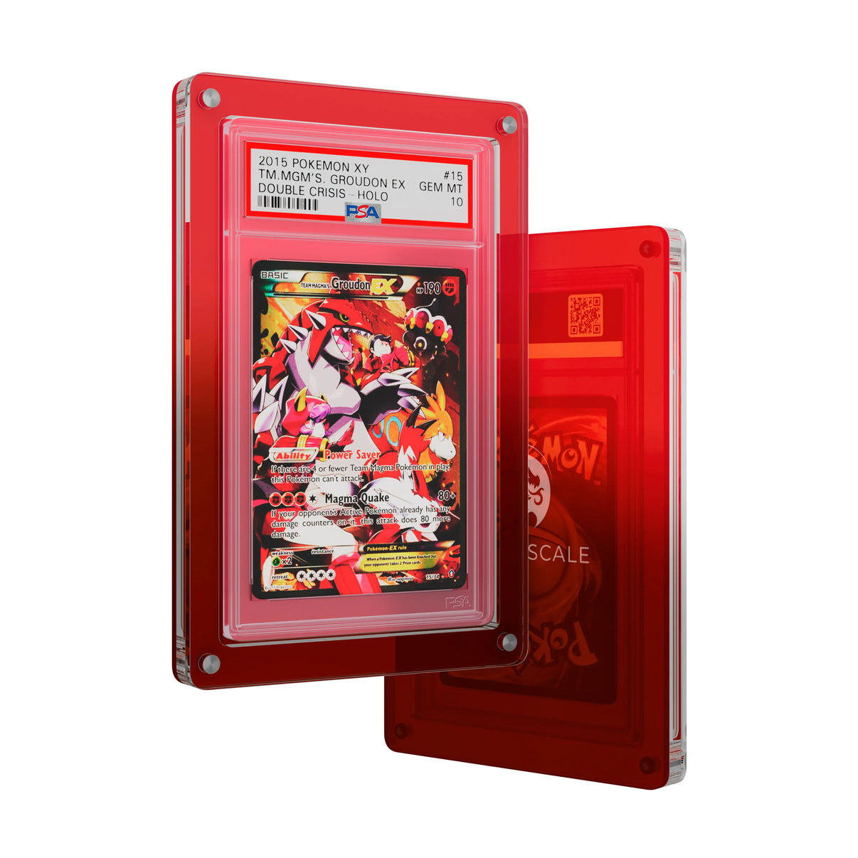 Front and back view of the Dragonscale Wyrmslate Pyro PSA acrylic display frame, featuring a Team Magmas Groudon Ex PSA 10 Pokemon card slab.
