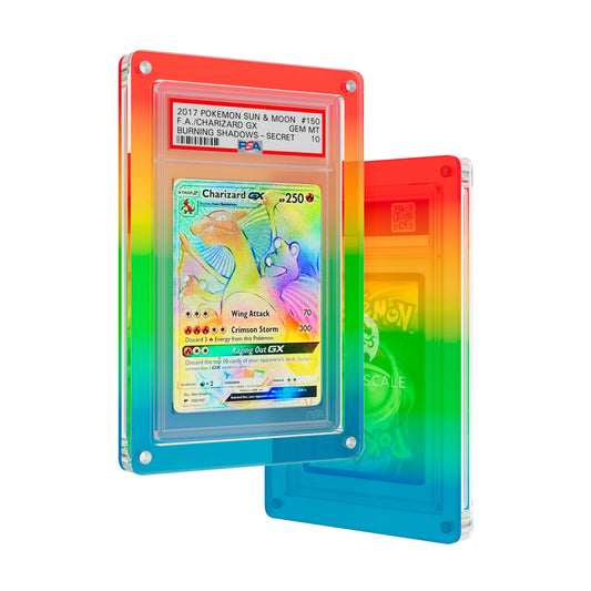 Front and back view of the Dragonscale Wyrmslate Rainbow PSA acrylic display frame, featuring a Charizard GX (Secret) Burning Shadows PSA 10 Pokemon card slab.
