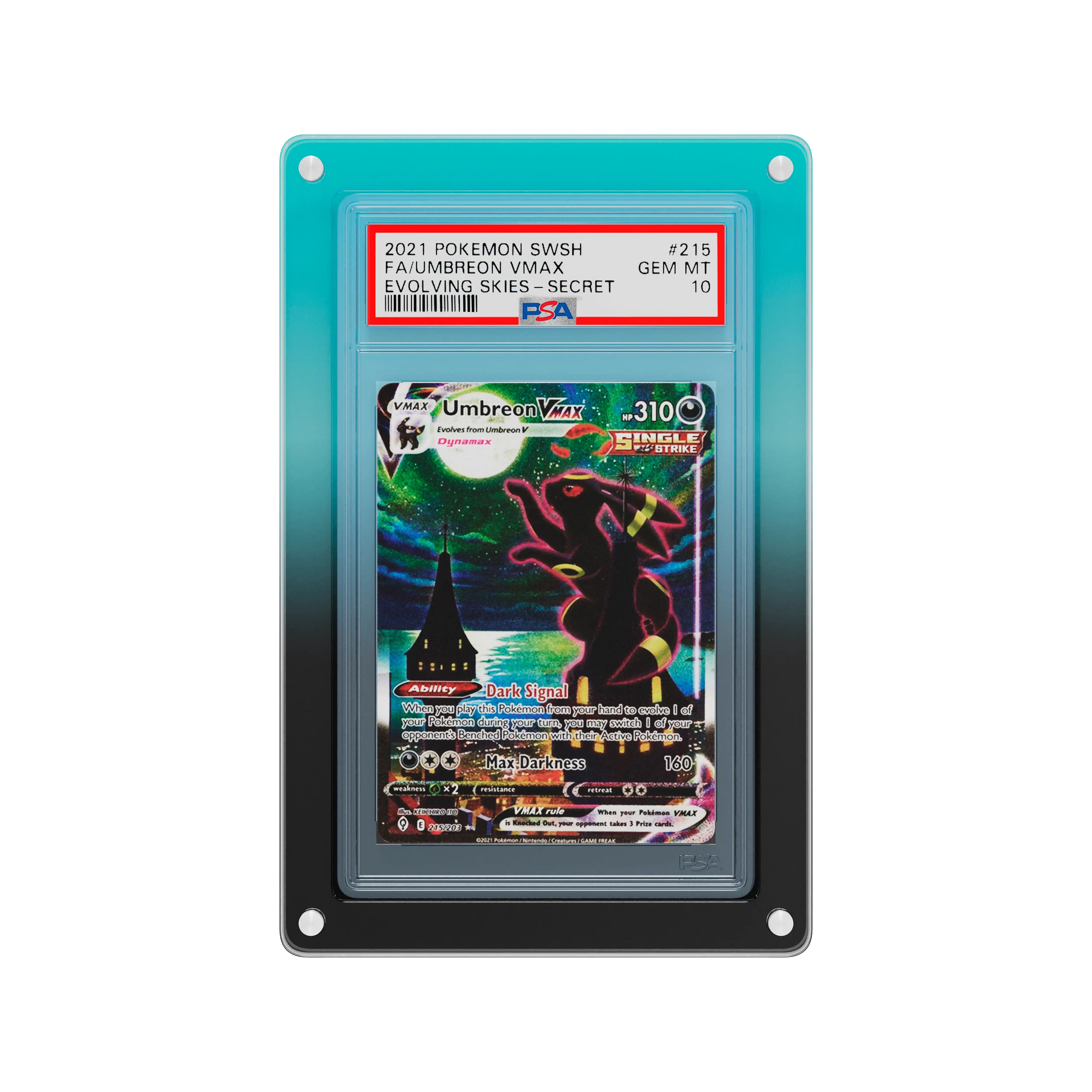 Front-facing view of the Dragonscale Wyrmslate Spectral PSA acrylic display frame, featuring a Umbreon VMAX  Evolving Skies PSA 10 Pokemon card slab.