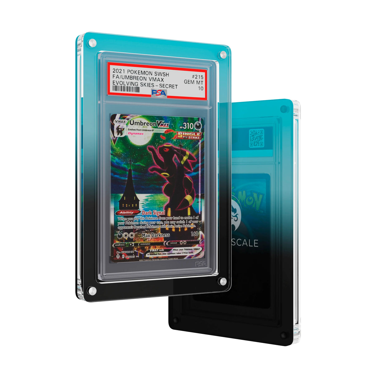 Front and back view of the Dragonscale Wyrmslate Spectral PSA acrylic display frame, featuring a Umbreon VMAX  Evolving Skies PSA 10 Pokemon card slab.
