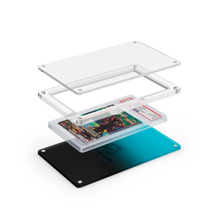 Expanded layered view of the Dragonscale Wyrmslate Spectral PSA acrylic display frame with a Umbreon VMAX  Evolving Skies PSA 10 Pokemon card slab between transparent panels.