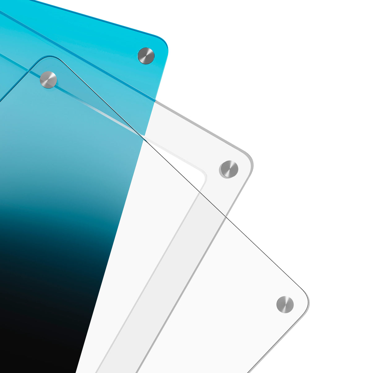 Close-up corner view of the Dragonscale Wyrmslate Spectral PSA acrylic display frame, highlighting the screw fasteners and layered panels.