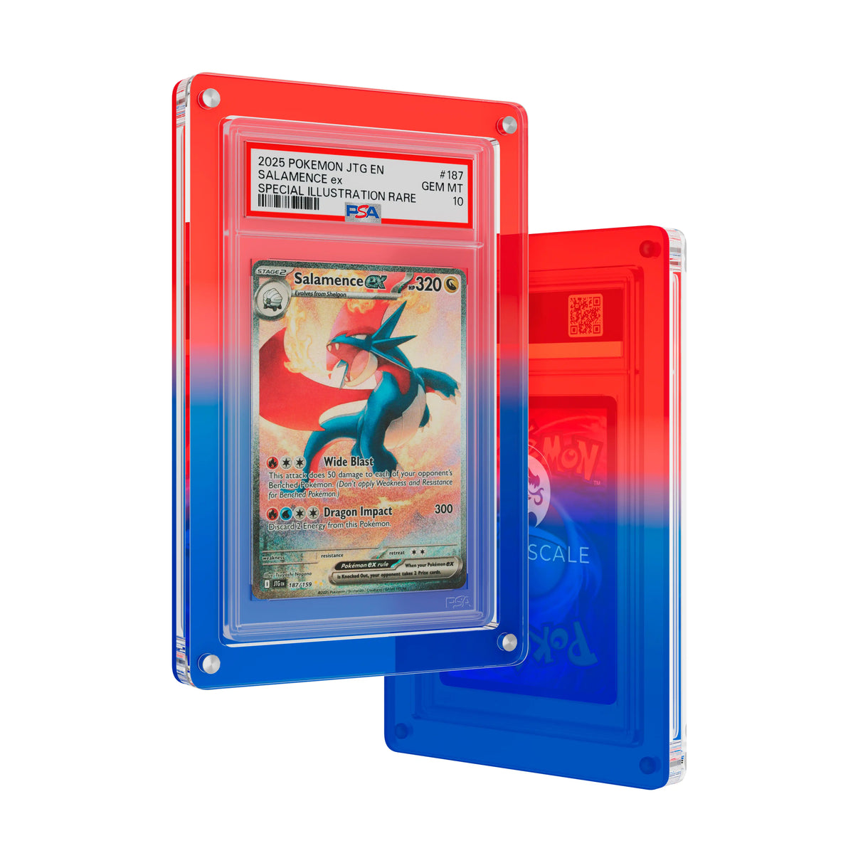 Front and back view of the Dragonscale Wyrmslate Tempest PSA acrylic display frame, featuring a Salamence EX Journey Together PSA 10 Pokemon card slab.
