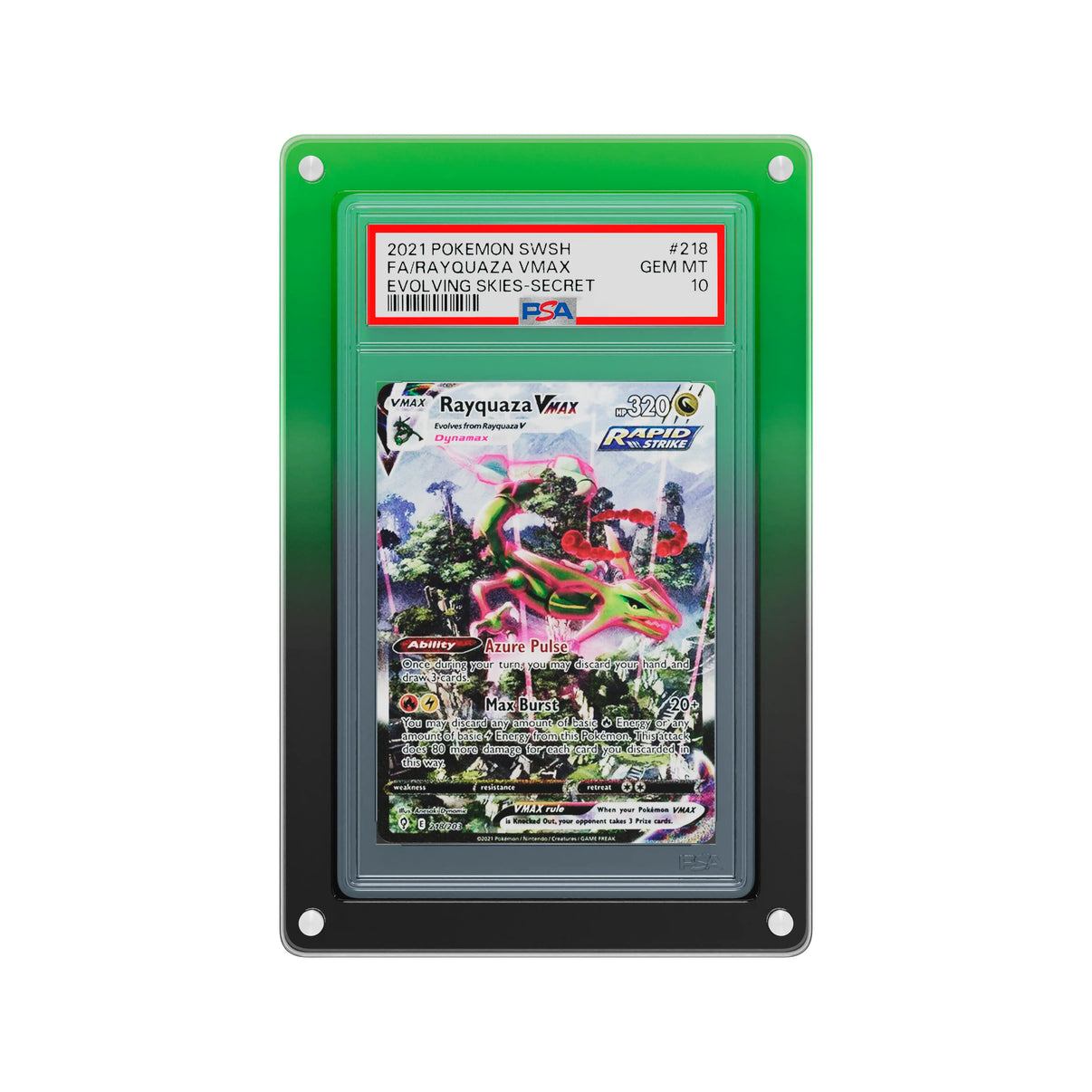 Front-facing view of the Dragonscale Wyrmslate Venom PSA acrylic display frame, featuring a Rayquaza VMAX Evolving Skies PSA 10 Pokemon card slab.