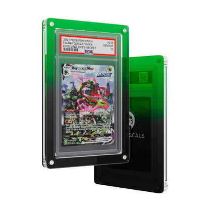 Front and back view of the Dragonscale Wyrmslate Venom PSA acrylic display frame, featuring a Rayquaza VMAX Evolving Skies PSA 10 Pokemon card slab.