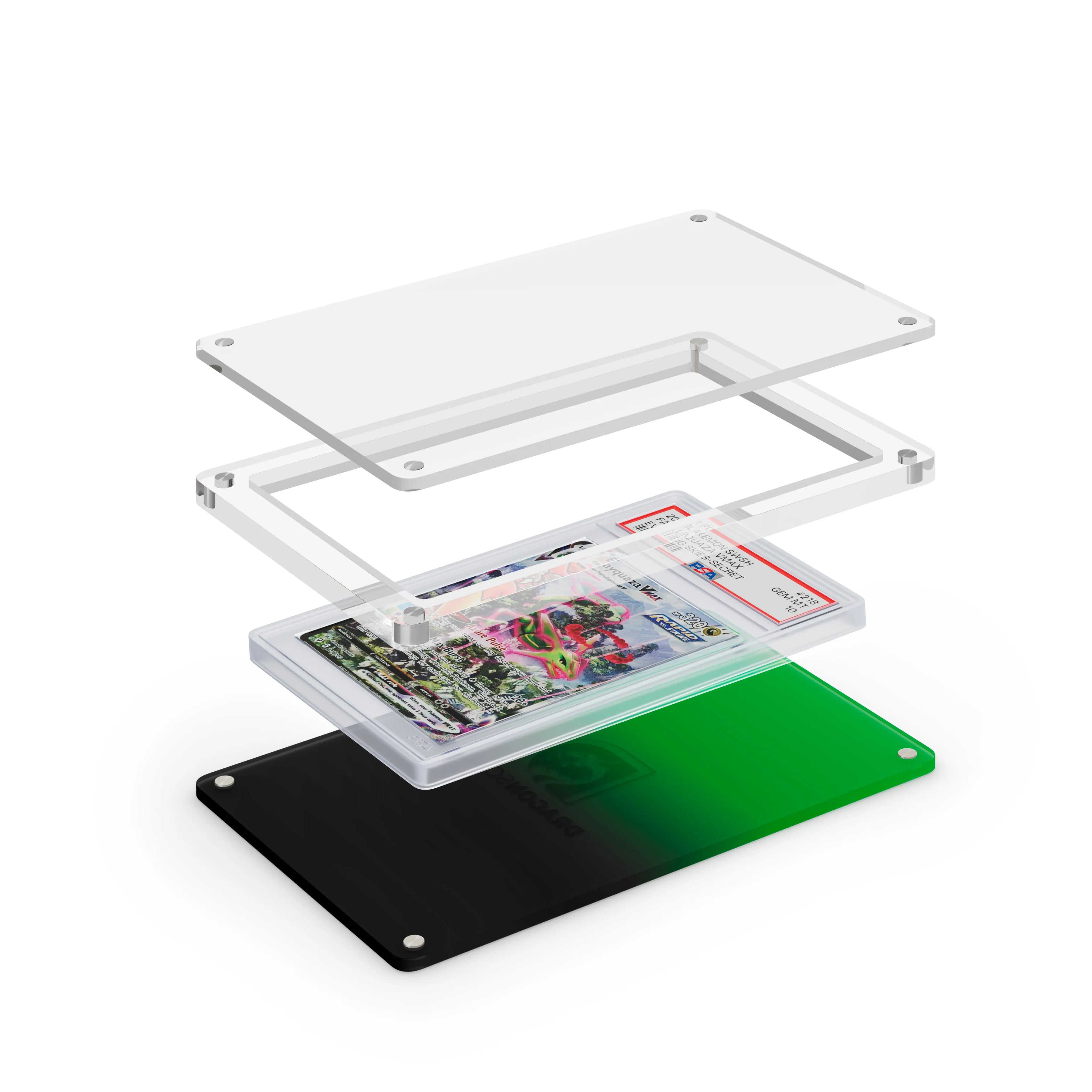 Expanded layered view of the Dragonscale Wyrmslate Venom PSA acrylic display frame with a Rayquaza VMAX Evolving Skies PSA 10 Pokemon card slab between transparent panels.