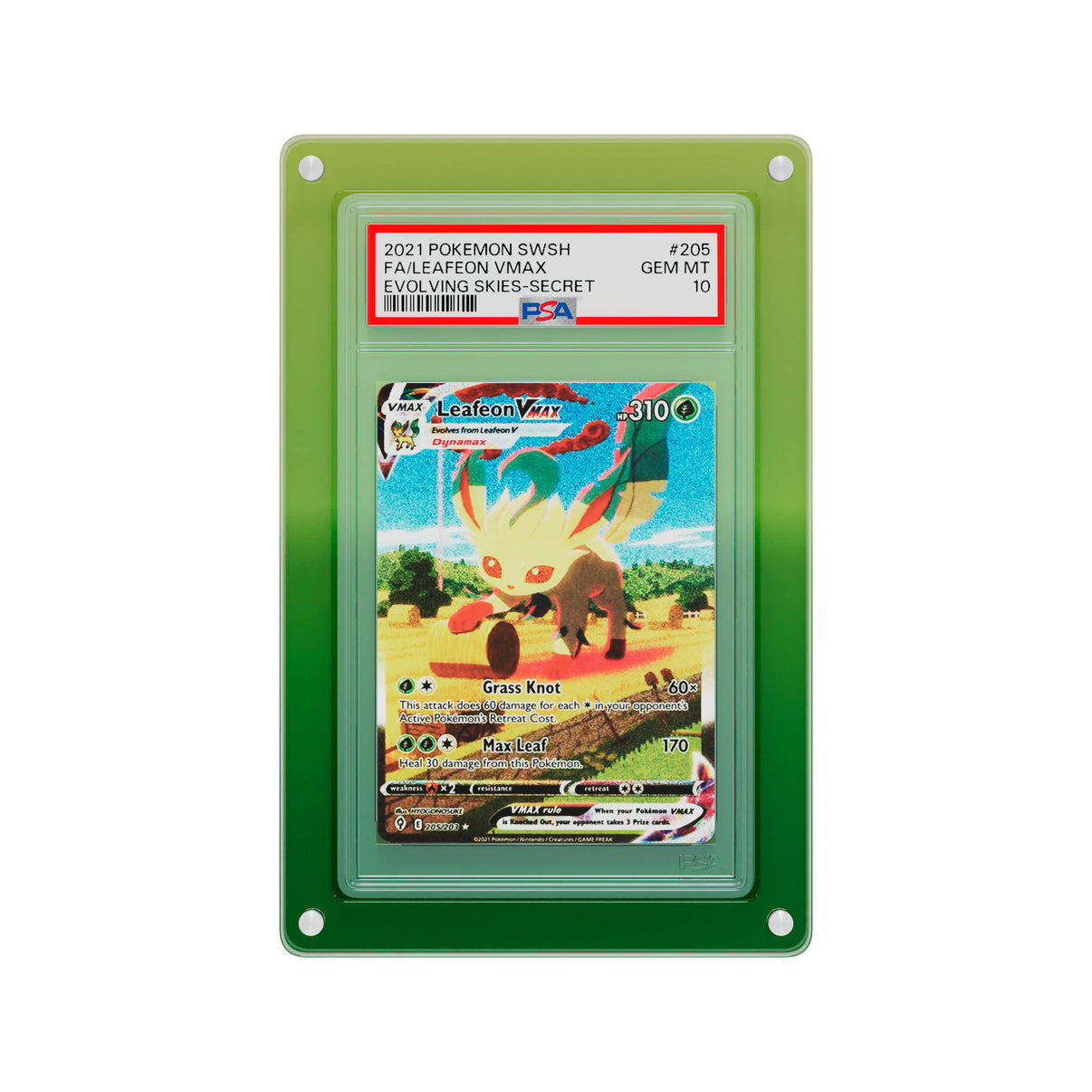 Front-facing view of the Dragonscale Wyrmslate Verdant PSA acrylic display frame, featuring a Leafeon VMAX Evolving Skies PSA 10 Pokemon card slab.