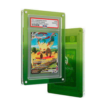 Front and back view of the Dragonscale Wyrmslate Verdant PSA acrylic display frame, featuring a Leafeon VMAX Evolving Skies PSA 10 Pokemon card slab.