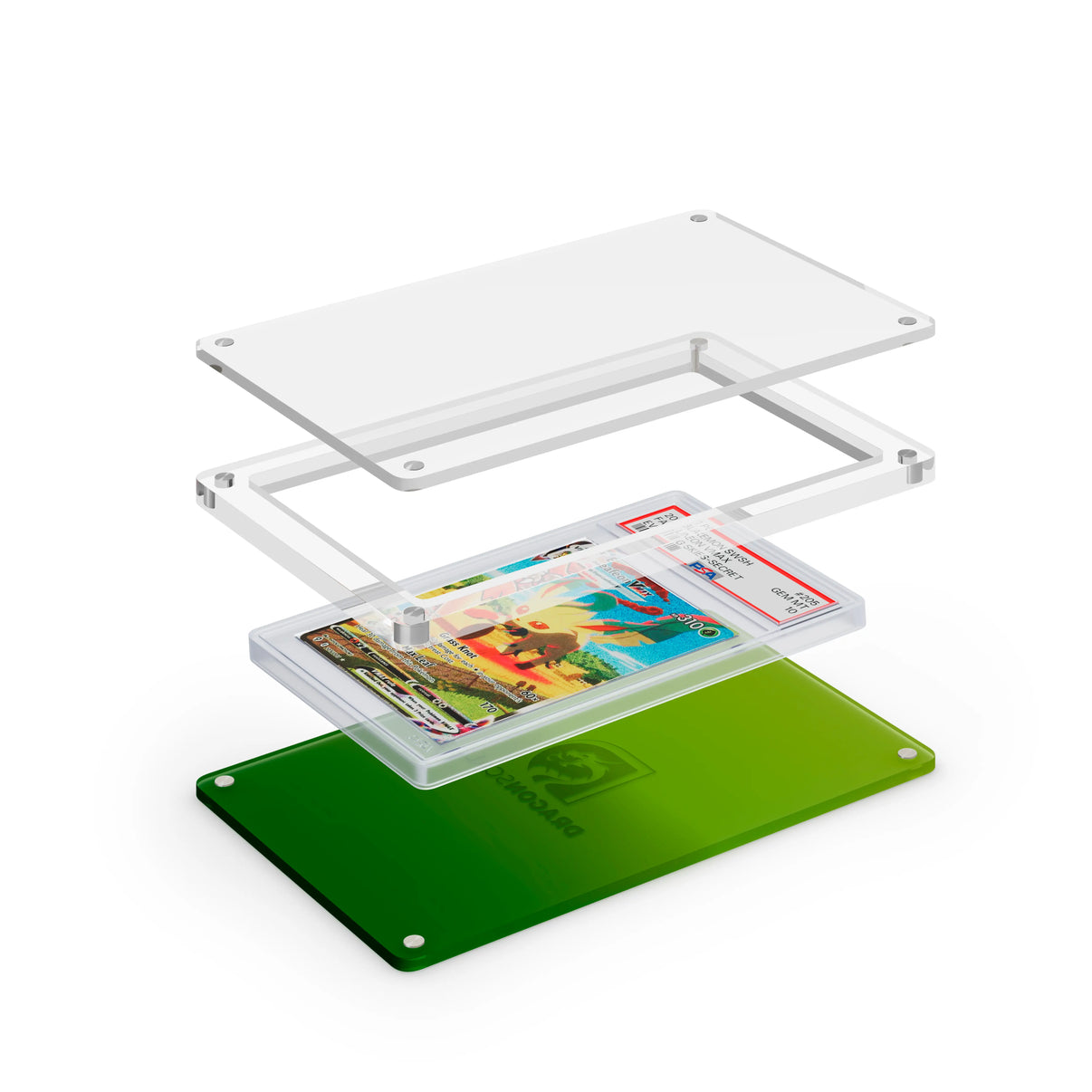 Expanded layered view of the Dragonscale Wyrmslate Verdant PSA acrylic display frame with a Leafeon VMAX Evolving Skies PSA 10 Pokemon card slab between transparent panels.