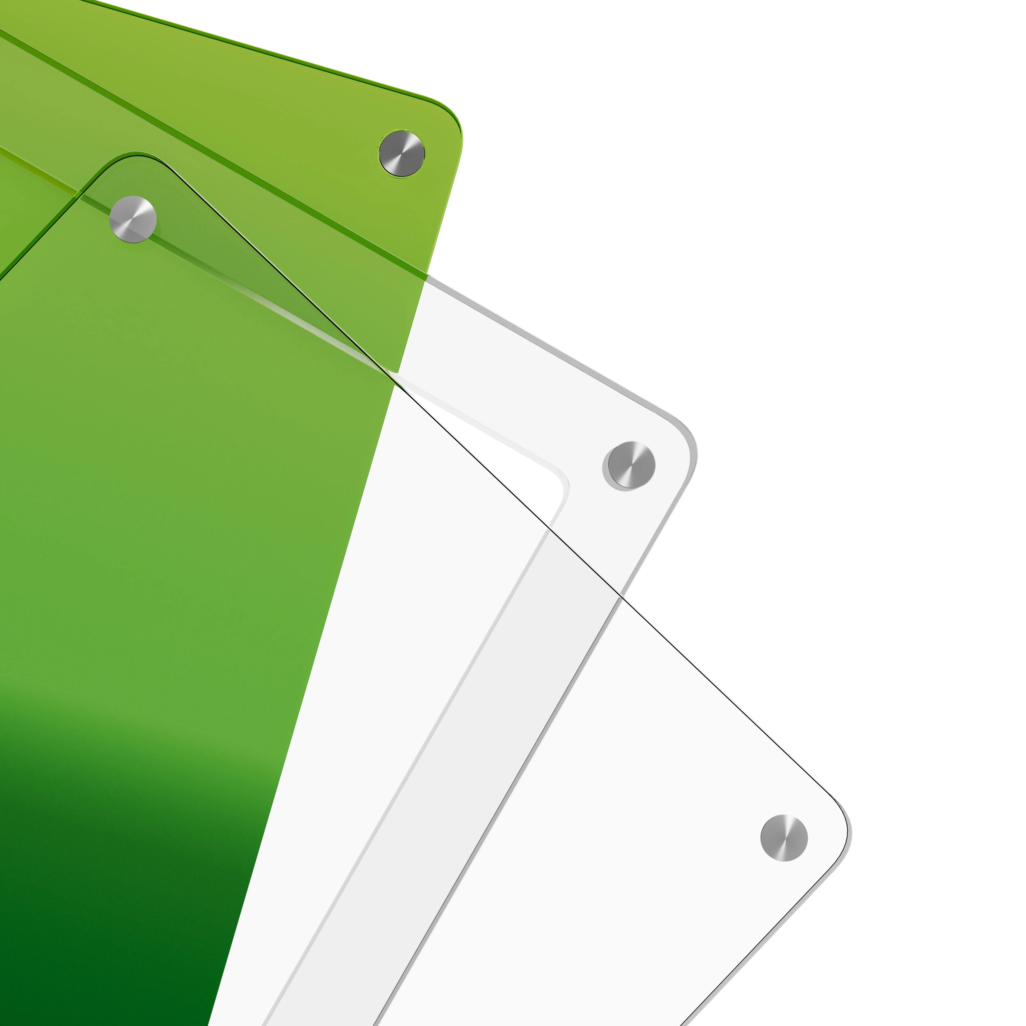 Close-up corner view of the Dragonscale Wyrmslate Verdant PSA acrylic display frame, highlighting the screw fasteners and layered panels.