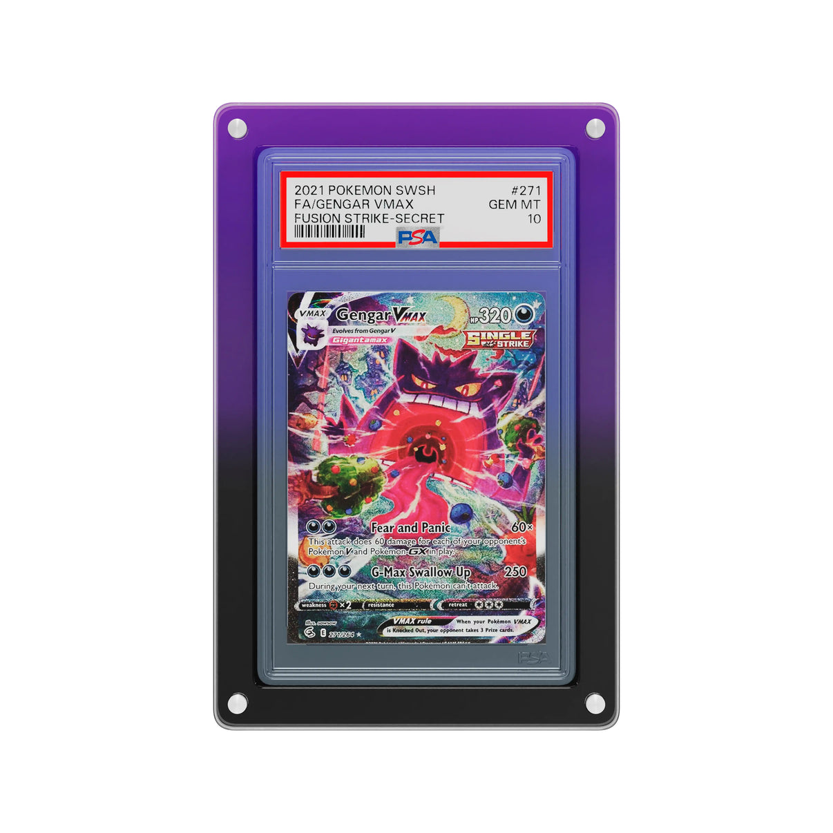 Front-facing view of the Dragonscale Wyrmslate Void PSA acrylic display frame, featuring a Gengar VMAX Fusion Strike PSA 10 Pokemon card slab.
