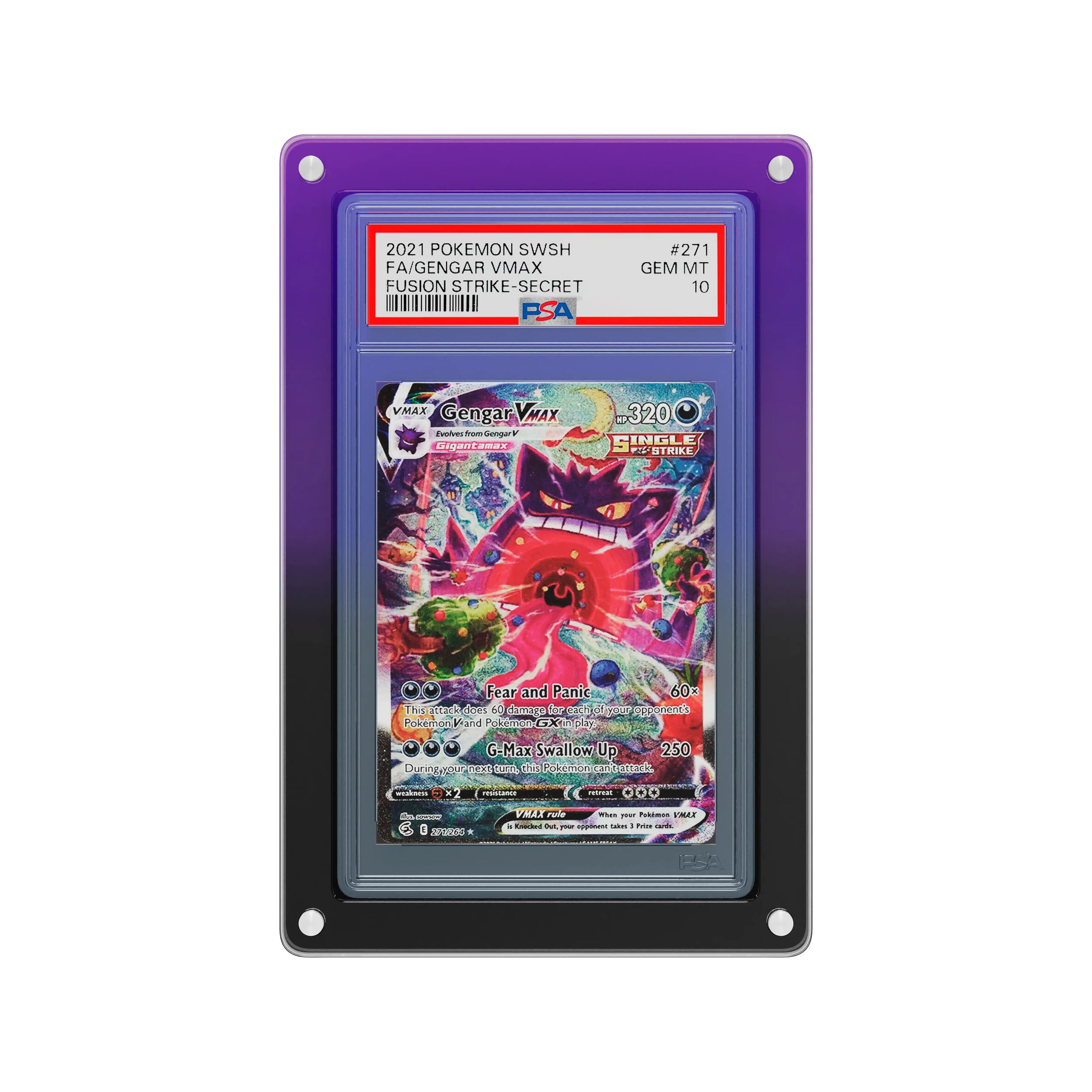 Front-facing view of the Dragonscale Wyrmslate Void PSA acrylic display frame, featuring a Gengar VMAX Fusion Strike PSA 10 Pokemon card slab.
