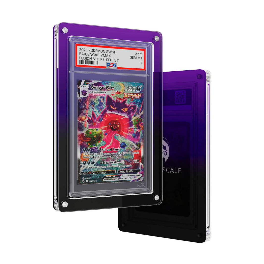 Front and back view of the Dragonscale Wyrmslate Void PSA acrylic display frame, featuring a Gengar VMAX Fusion Strike PSA 10 Pokemon card slab.
