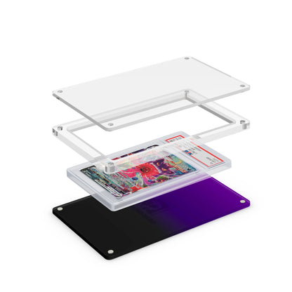 Expanded layered view of the Dragonscale Wyrmslate Void PSA acrylic display frame with a Gengar VMAX Fusion Strike PSA 10 Pokemon card slab between transparent panels.