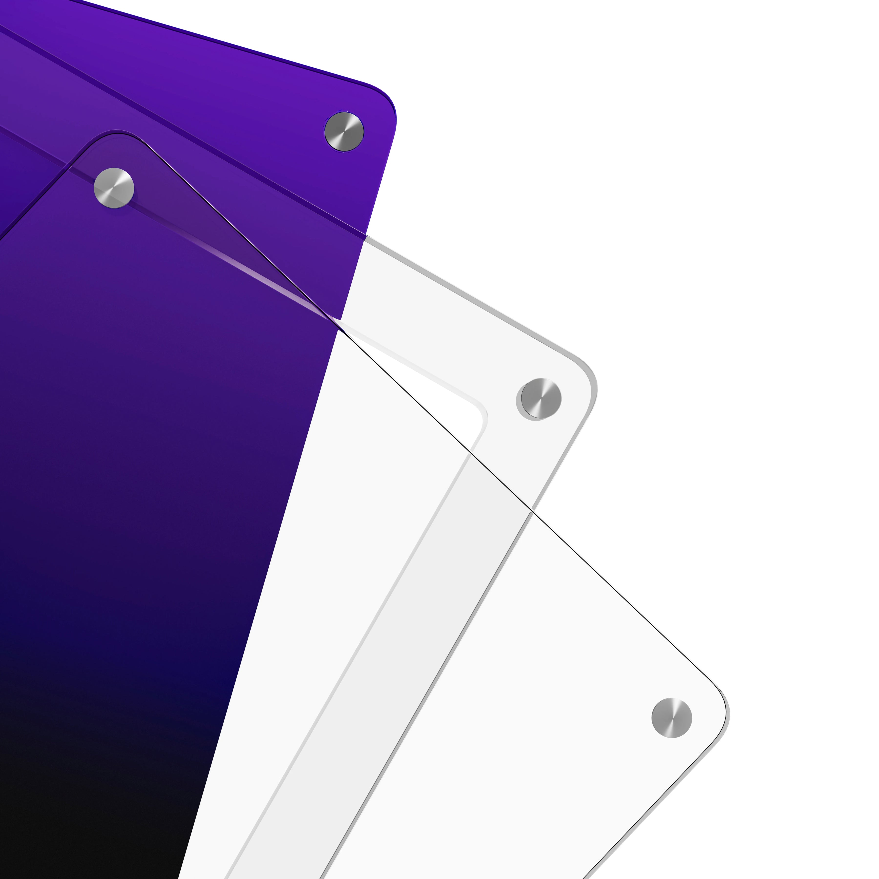 Close-up corner view of the Dragonscale Wyrmslate Void PSA acrylic display frame, highlighting the screw fasteners and layered panels.