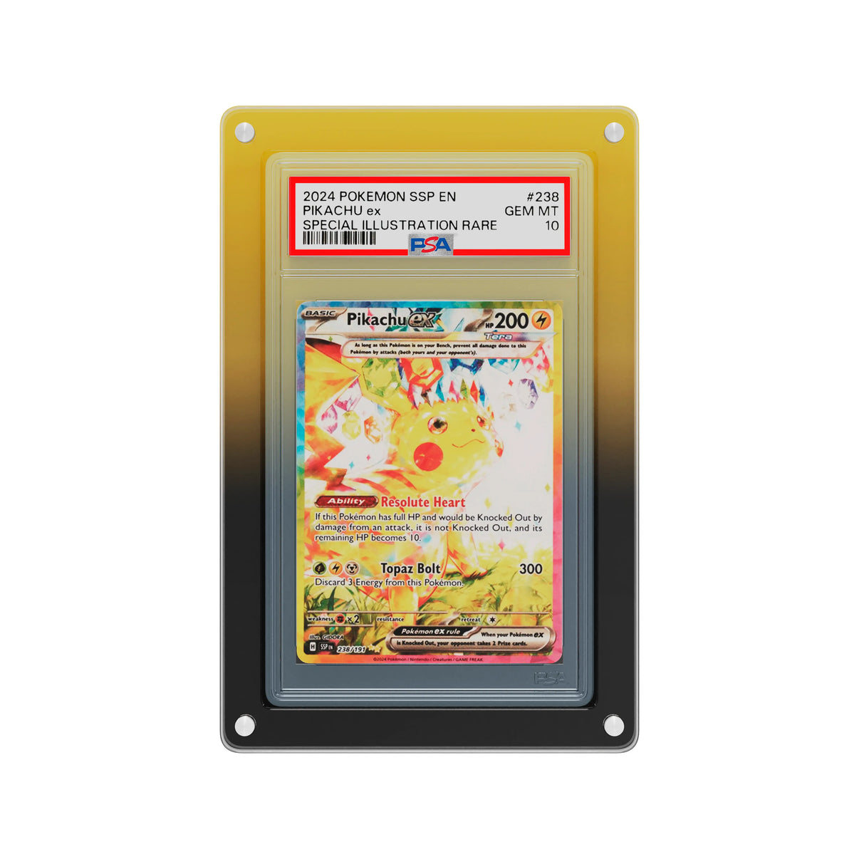 Front-facing view of the Dragonscale Wyrmslate Voltage PSA acrylic display frame, featuring a Pikachu Ex Surging Sparks PSA 10 Pokemon card slab.