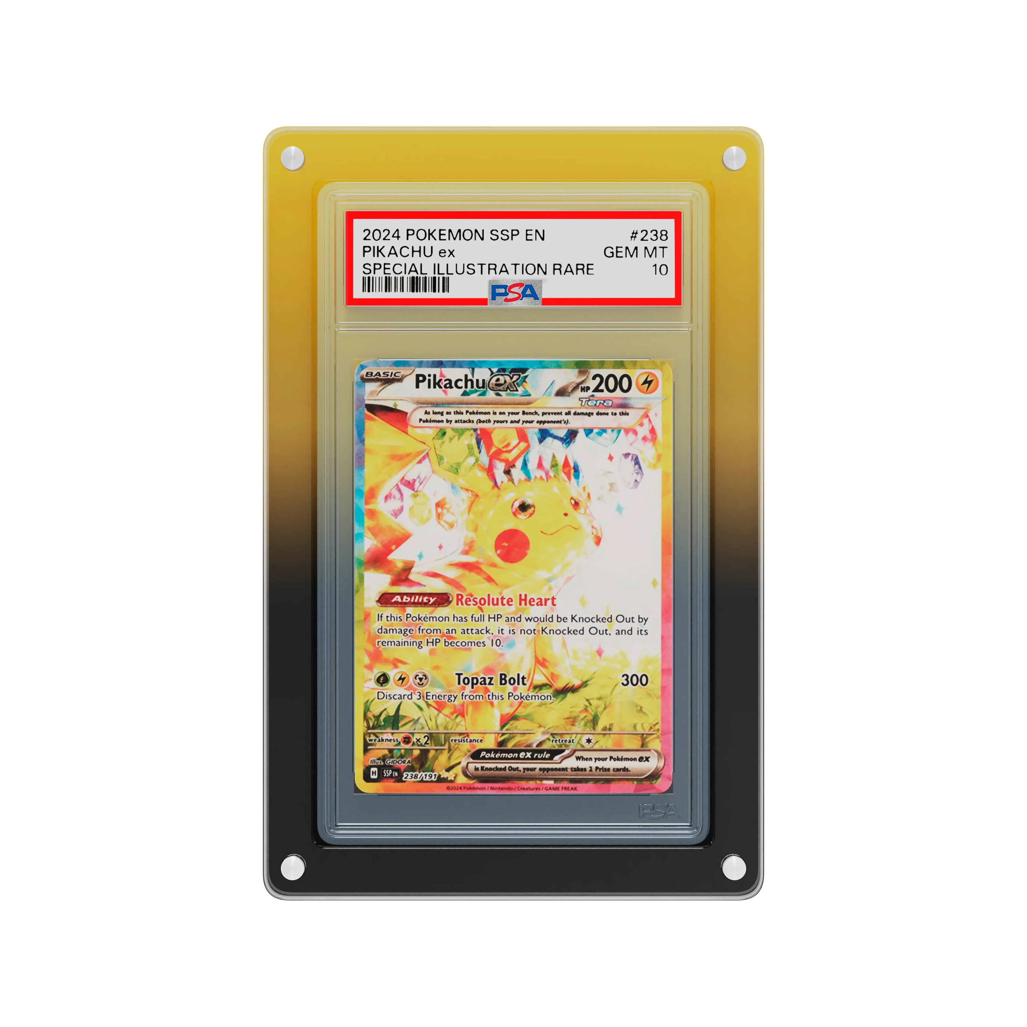 Front-facing view of the Dragonscale Wyrmslate Voltage PSA acrylic display frame, featuring a Pikachu Ex Surging Sparks PSA 10 Pokemon card slab.