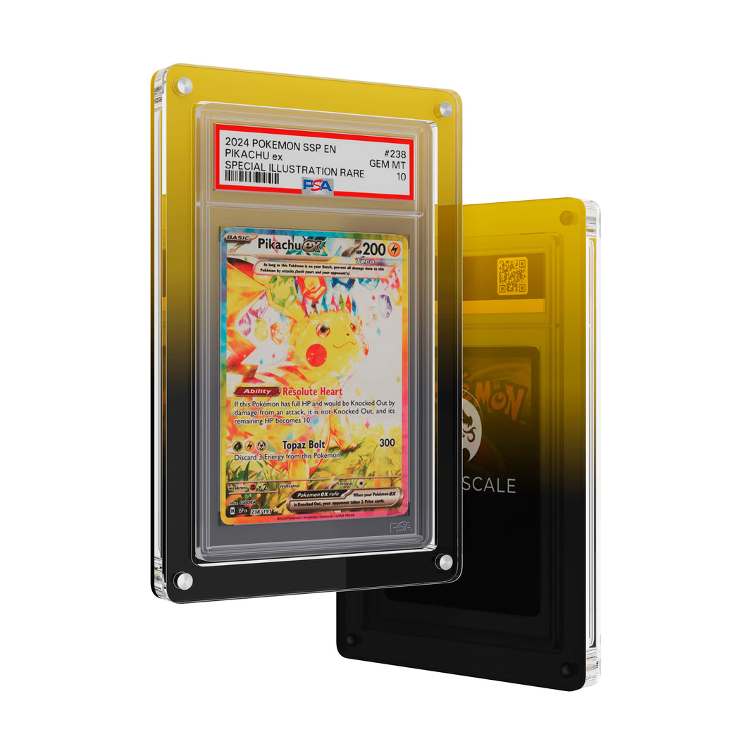 Front and back view of the Dragonscale Wyrmslate Voltage PSA acrylic display frame, featuring a Pikachu Ex Surging Sparks PSA 10 Pokemon card slab.