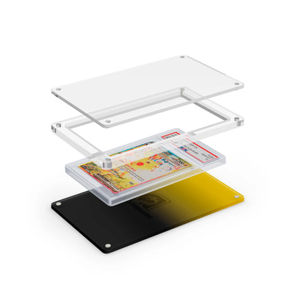 Expanded layered view of the Dragonscale Wyrmslate Voltage PSA acrylic display frame with a Pikachu Ex Surging Sparks PSA 10 Pokemon card slab between transparent panels.