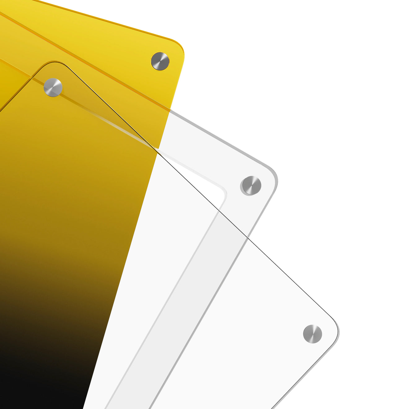 Close-up corner view of the Dragonscale Wyrmslate Voltage PSA acrylic display frame, highlighting the screw fasteners and layered panels.