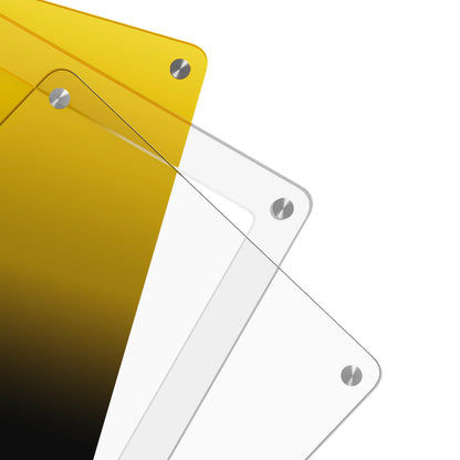 Close-up corner view of the Dragonscale Wyrmslate Voltage PSA acrylic display frame, highlighting the screw fasteners and layered panels.