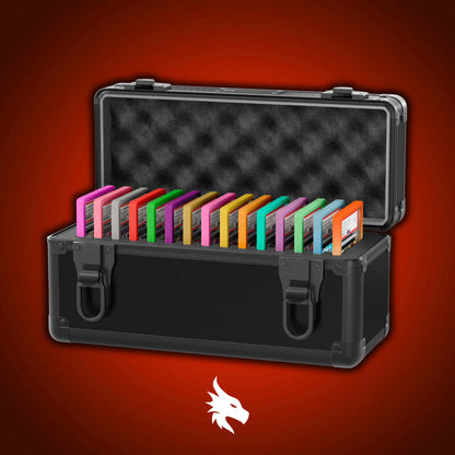 Open view of the Dragonscale Wyvern X-15 Precision metal slab case in carbon black holding 15 PSA slabs with Dragonscale guards.