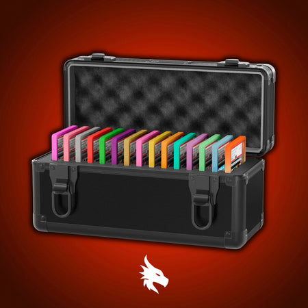 Open view of the Dragonscale Wyvern X-15 Precision metal slab case in carbon black holding 15 PSA slabs with Dragonscale guards.