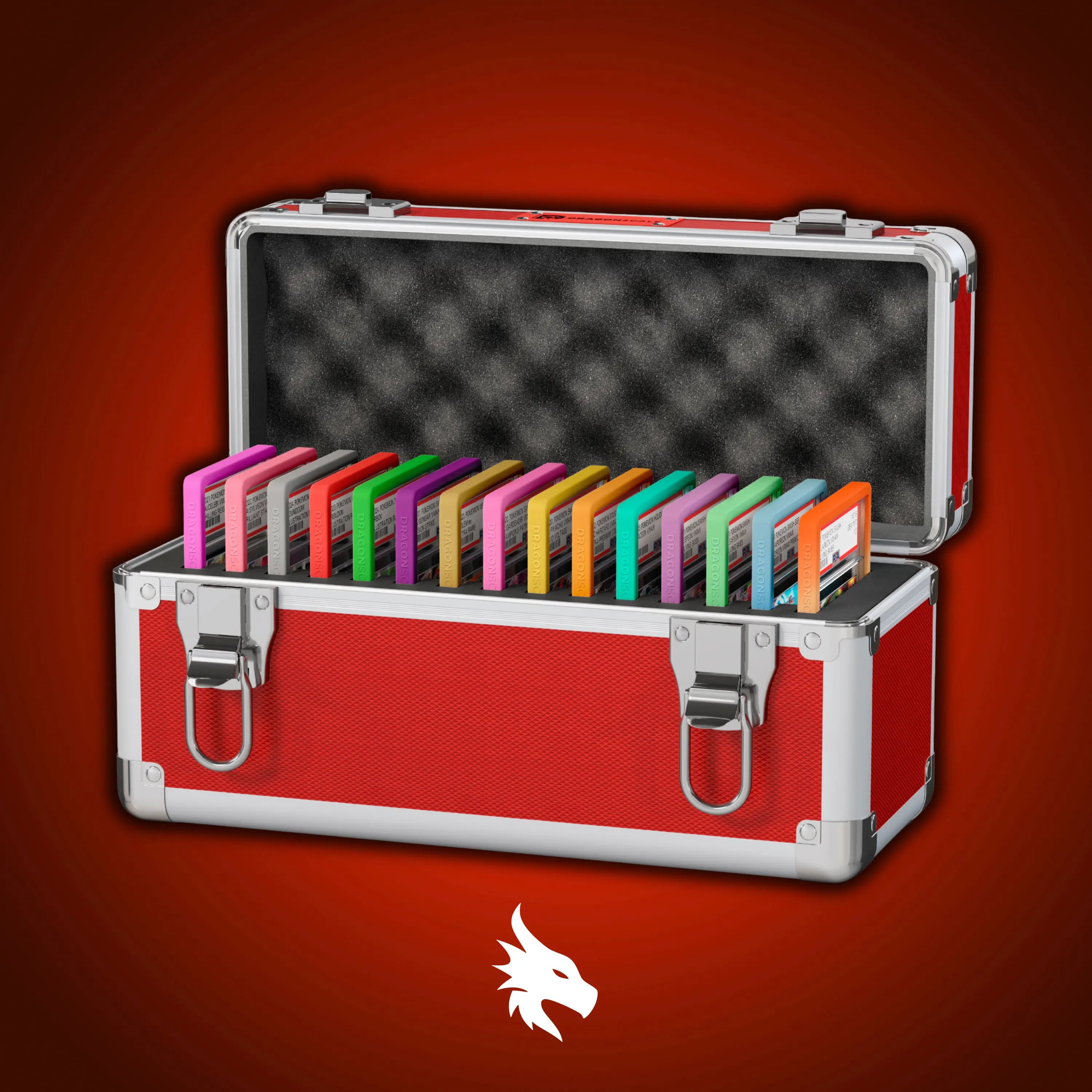 Open view of the Dragonscale Wyvern X-15 Precision metal slab case in ruby red holding 15 PSA slabs with Dragonscale guards.