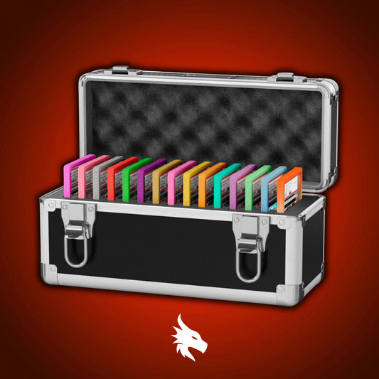 Open view of the Dragonscale Wyvern X-15 Precision metal slab case in carbon steel holding 15 PSA slabs with Dragonscale guards