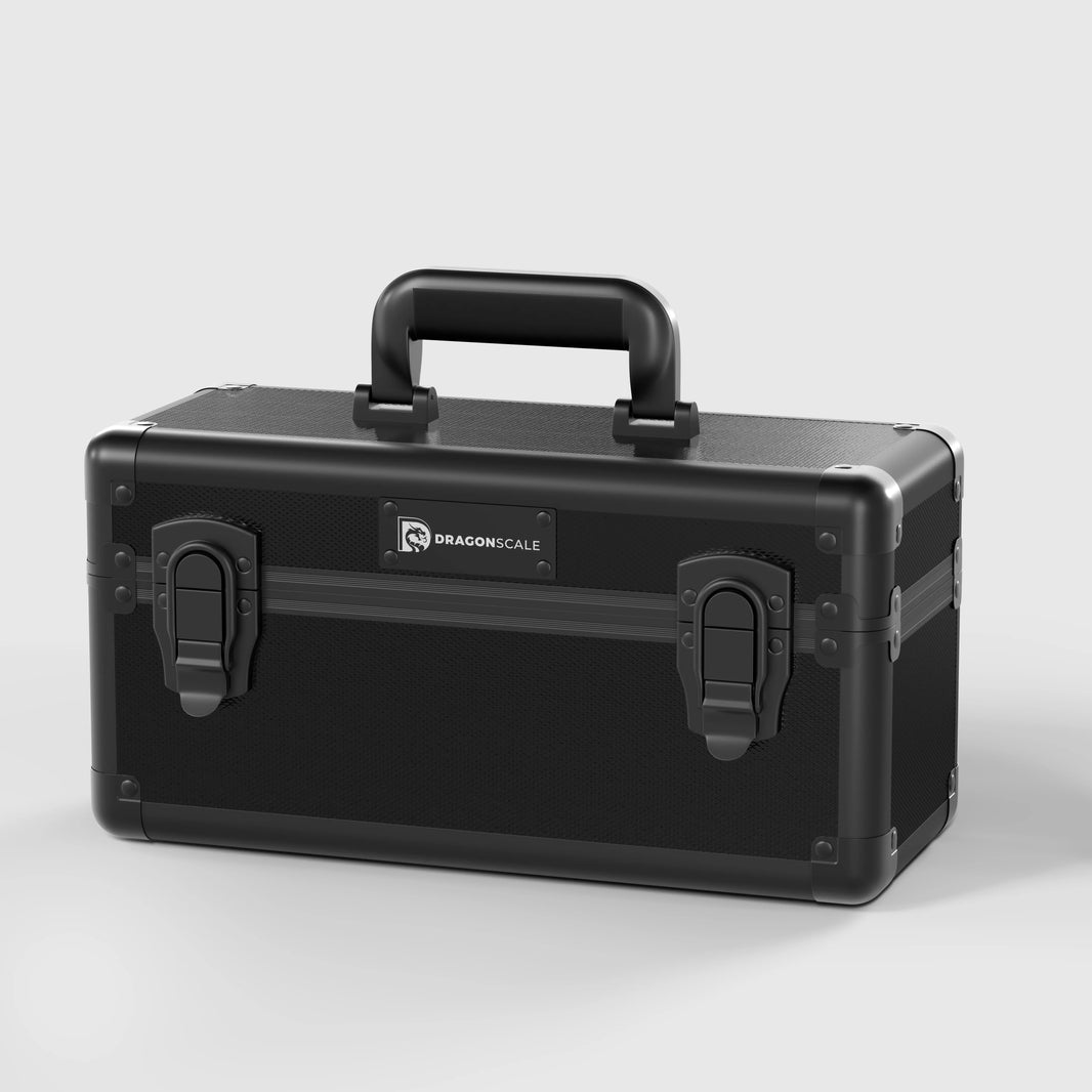 Front closed view of the Dragonscale X-15 Precision metal slab case in carbon black.