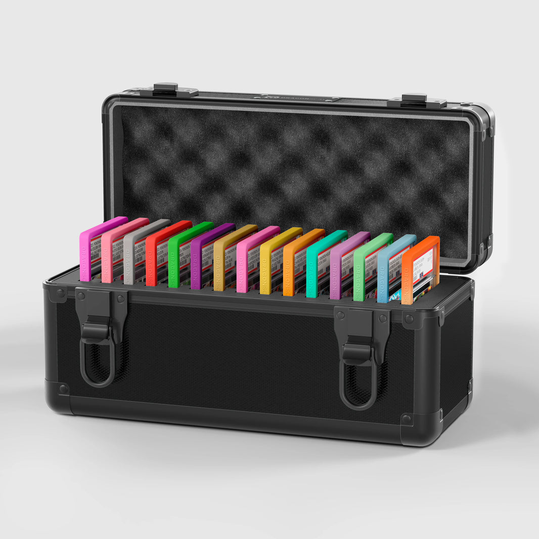 Open view of the Dragonscale X-15 Precision metal slab case in carbon black holding 15 PSA slabs with Dragonscale guards.