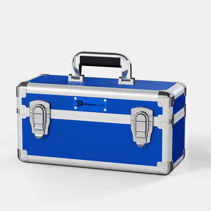 Front closed view of the Dragonscale X-15 Precision metal slab case in sapphire blue.